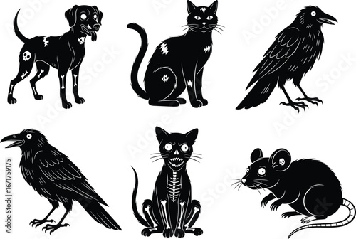 Halloween spooky animal silhouettes vector set featuring skull pets, creepy cats, eerie ravens, horror rats in dark cartoon style