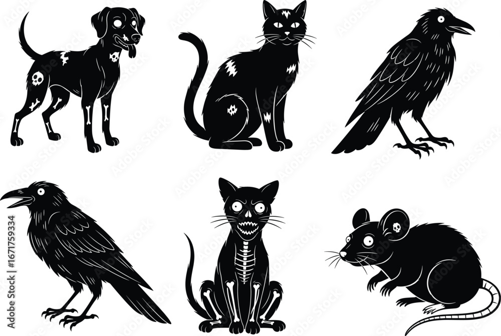 Fototapeta premium Spooky Halloween animal skeletons vector set featuring skull cats, creepy ravens, eerie rats, and gothic pets in dark cartoon style