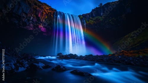 Wallpaper Mural Enchanting Waterfall Scenery with Vibrant Rainbow, Majestic Cascades and Lush Greenery, Perfect Torontodigital.ca