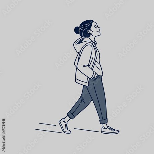 Contemplative Stroll: A woman takes a stroll, a peaceful expression, a visual tale of calm solitude and introspection, against a gray background.
