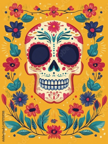 Wallpaper Mural Mexican skull illustration with a floral border on a yellow background. Illustration for day of the dead poster Torontodigital.ca