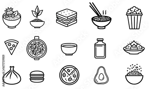 Food and drink icons in black outline style on transparent background