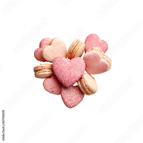 Heart shaped pink macaroons and cookies isolated on a transparent background, in a PNG format