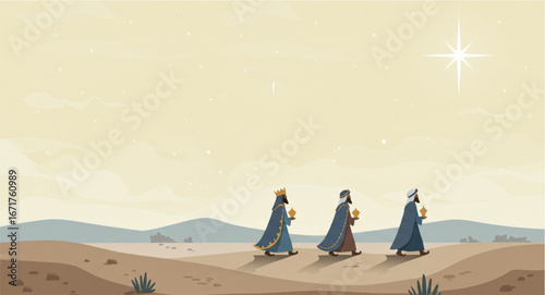 Three wise men travel the desert, guided by a bright star.
