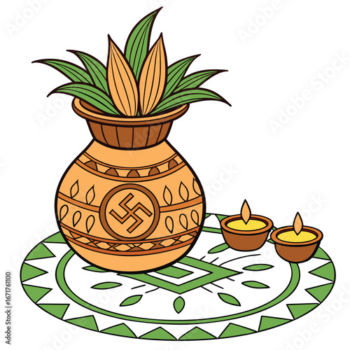Auspicious Hindu Rituals Kalash Pot Symbolizing Abundance and Two Earthen Lamps on a Decorated Rangoli for Diwali Festival