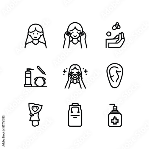 Illustration showing skincare routine including face washing lotion hand sanitizing and ear care items