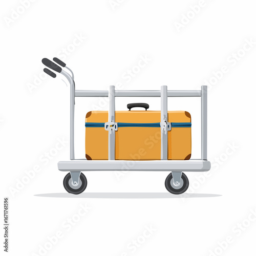 Travel suitcase on a silver luggage cart for airport baggage transport
