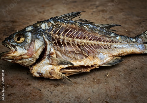 Rotten meat and bones of discarded fish, dull skin and unpleasant texture, dirty surface. Realistically depicting food spoilage and health risks