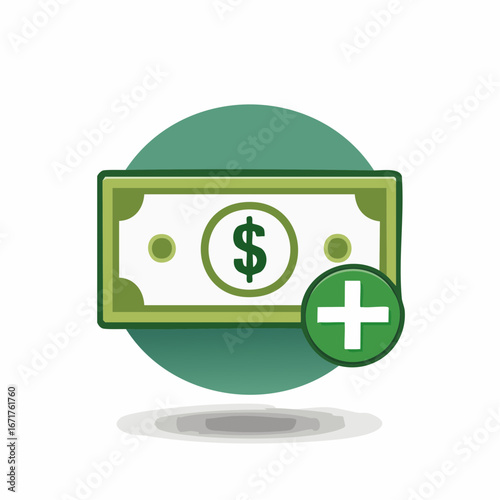 Cartoon Currency with Plus Symbol Icon Represents Increasing Finances and Wealth Accumulation