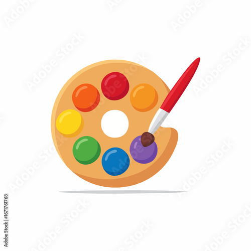 Cartoon Artist's Palette with Rainbow Color Paints and Brush, Painting Concept