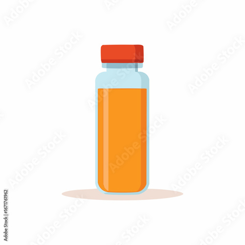 Isolated glass bottle containing vivid orange liquid and a red screw cap vector graphic.