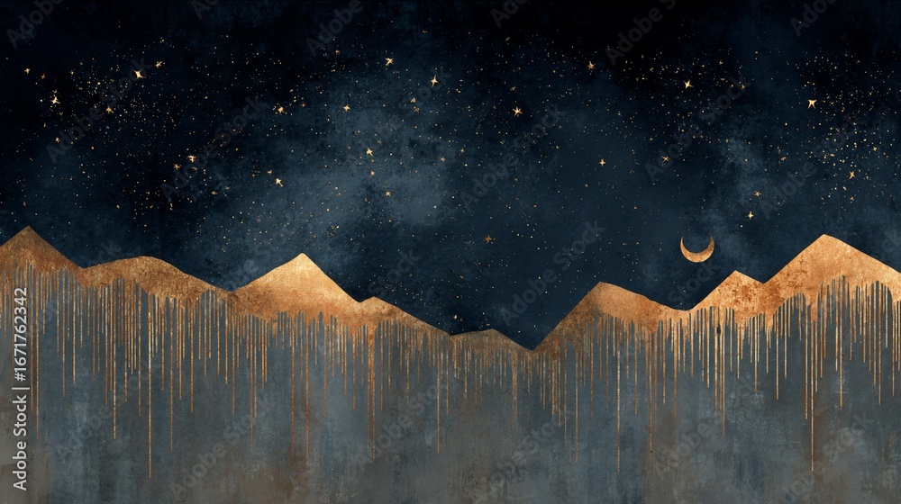 Fototapeta premium Night sky over mountains with gold drip effect, crescent moon and stars