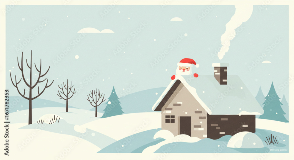 Fototapeta premium Snowy winter scene with Santa on a cozy cabin roof.
