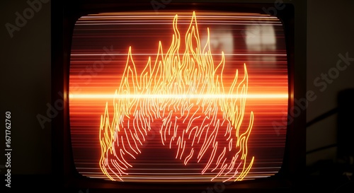 Retro CRT Television Screen with Fiery Flames Display.