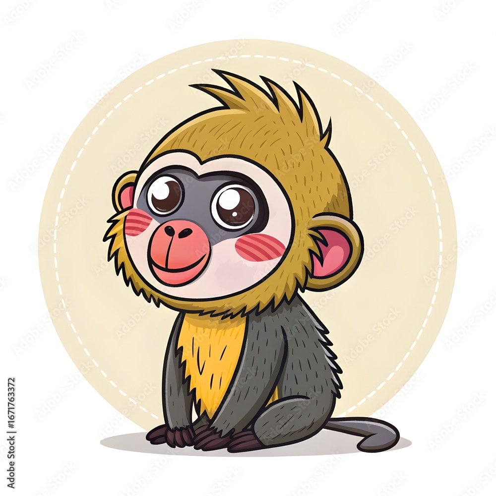 Obraz premium Adorable Chibi Mandrill Baby Happily Drawing With Bright Crayons, Cute Kawaii Cartoon Illustration With Pastel Whimsical Style And Playful Exotic Primate Animal Artwork
