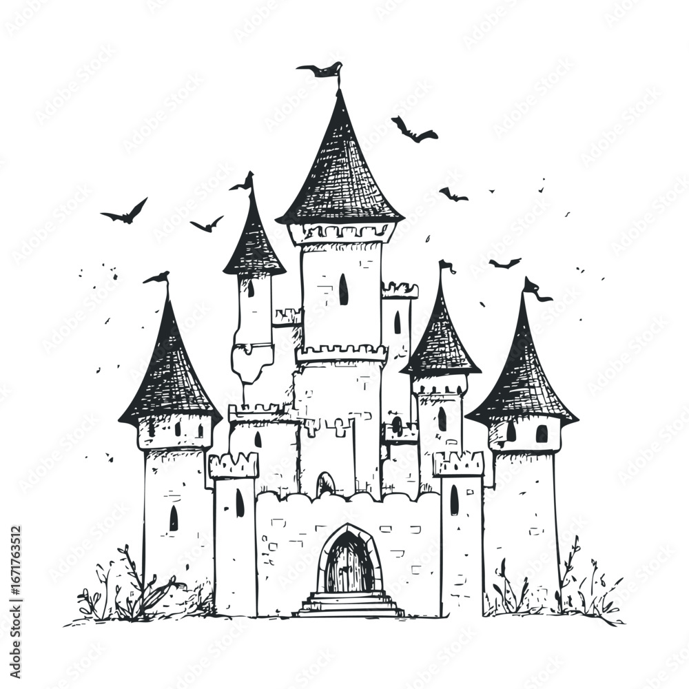 Obraz premium Enchanted castle surrounded by bats at twilight for fantasy design. Halloween vector illustration