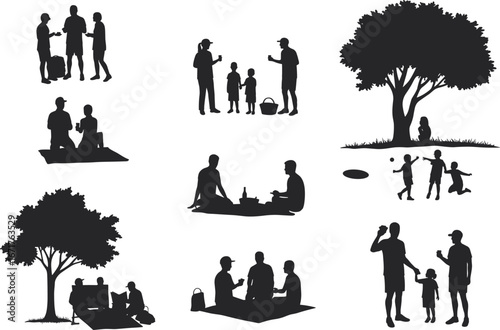 Family picnic silhouettes, people relaxing outdoors, children playing, parents with kids, sitting under tree, leisure time, summer activity, friends gathering, black vector design, outdoor lifestyle