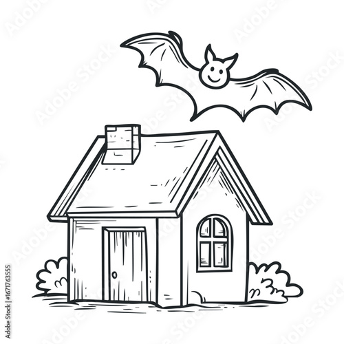 Charming bat flying over a quaint cottage in a whimsical scene. Halloween vector illustration