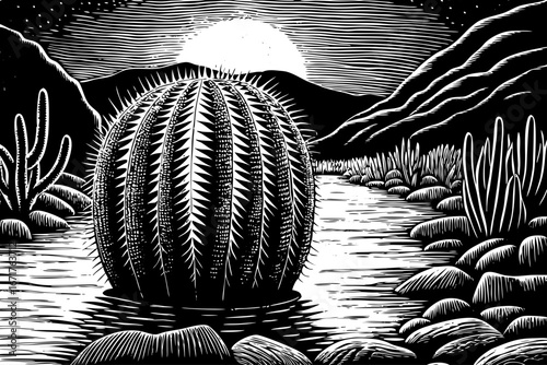 barrel cactus glowing near desert stream, rocky banks and moonlit reflections creating dramatic wilderness scene, black and white sketch