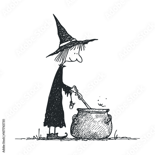 Witch cooking potion in cauldron for Halloween celebration. Halloween vector illustration