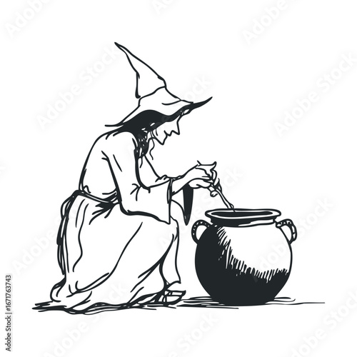 Witch stirring a potion in a cauldron during a mystical ritual. Halloween vector illustration