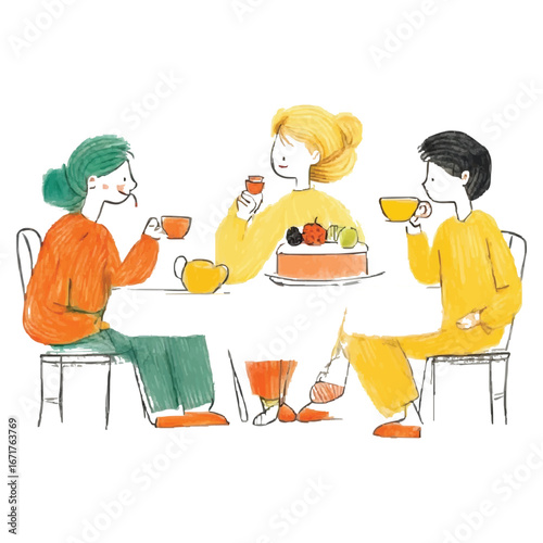 Colorful Hand-Drawn Illustrations – Fashion, Family Dining, and Cute Characters