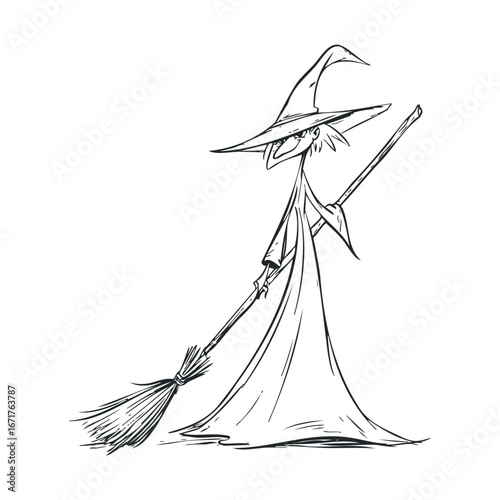 Whimsical witch character with broomstick in classic style. Halloween vector illustration