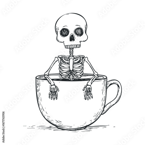 Skeleton relaxing in a giant cup for Halloween decoration ideas. Halloween vector illustration