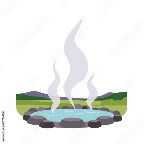 Geothermal hot spring steaming in a green landscape with mountains in the distance creating a peaceful and serene atmosphere.