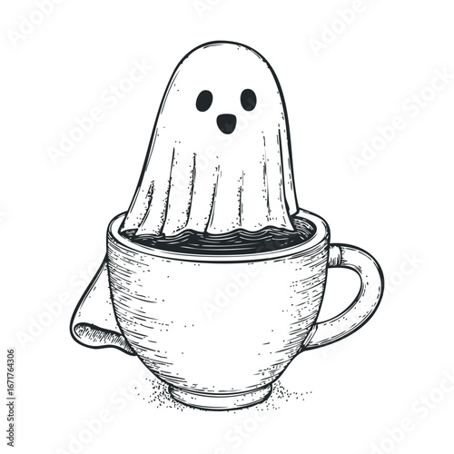 Cute ghost in a teacup for Halloween celebration design. Halloween vector illustration