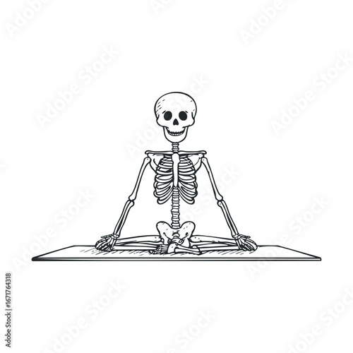 Relaxing skeleton practicing yoga during tranquil moment. Halloween vector illustration