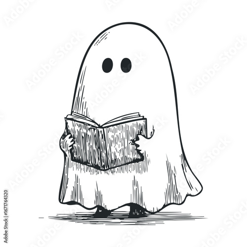 Ghost character reading a book for Halloween theme celebration. Halloween vector illustration