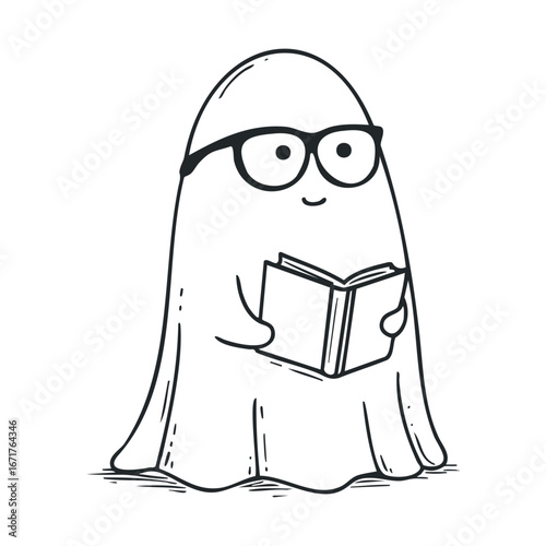 Ghost reading a book in glasses with smile for Halloween celebration. Halloween vector illustration