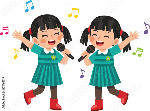 Happy children singing with microphones, joyful twin girls performance, colorful musical notes, green dresses, cheerful kids, music show, entertainment, stage