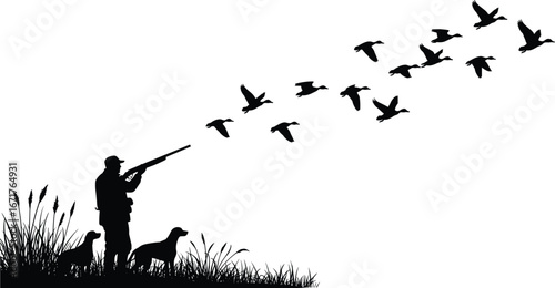 Hunter silhouette with dogs, shooting flying ducks, outdoor hunting scene, wildlife illustration, black vector design, nature grass, shotgun sport hunting