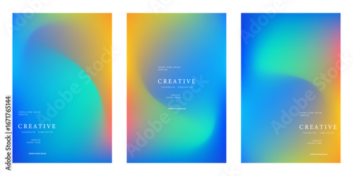 Collection of abstract poster templates with colorful gradient backgrounds in blue, green, yellow, and red. Modern minimalist design suitable fo branding,
