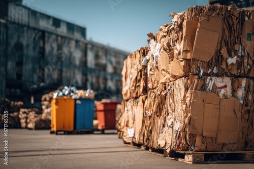 Recycled Cardboard Bales Stacked Outdoors in Industrial Yard.