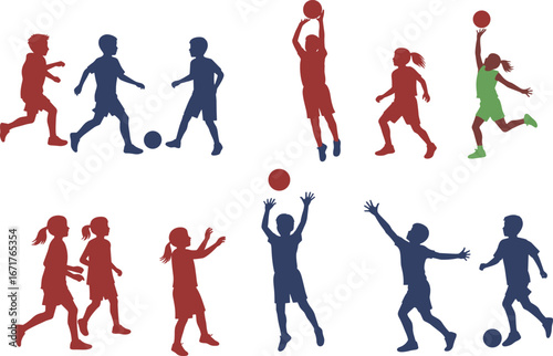 Kids sports silhouette vector set, children playing soccer and basketball, active boys and girls, school sports, physical education, team play, fitness illustration
