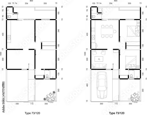 Wallpaper Mural Two Architectural Floor Plans of a House Two Bed Room Blank and Futniture Layout with Garden and Carport. 21 Torontodigital.ca