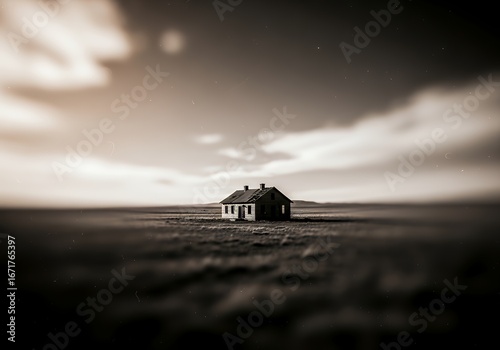 Monochrome image of a lonely house in a vast field under dramatic skies.