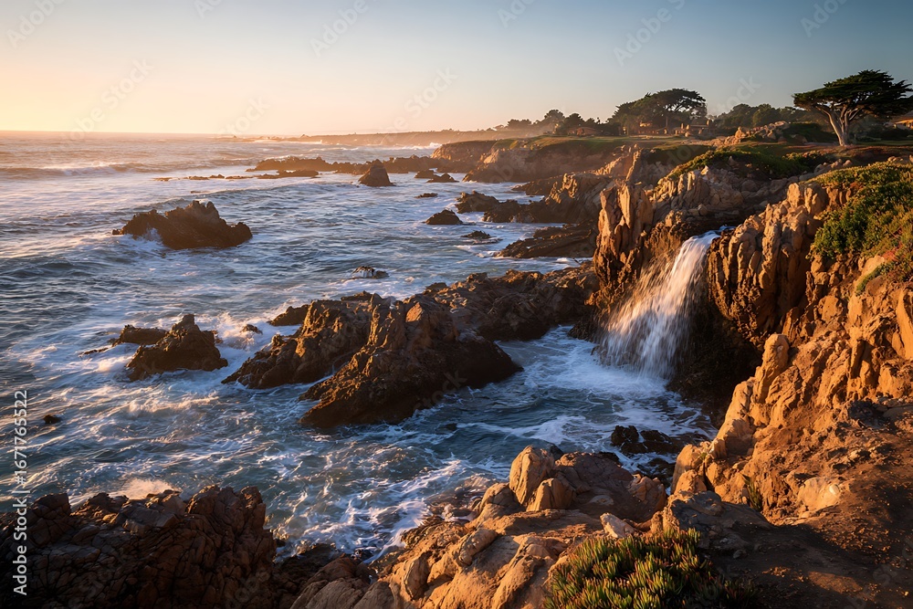 Fototapeta premium Rough ocean edge twilight displaying cascade and sharp crags 