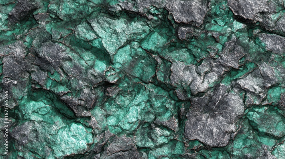 Obraz premium Textured rock surface showing shades of gray and teal, creating a rugged and visually intriguing natural pattern.