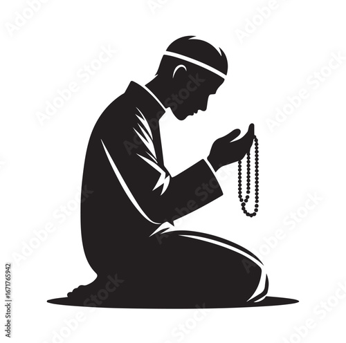 Islamic Prayer Pose with Tasbih – Muslim Silhouette Vector Art