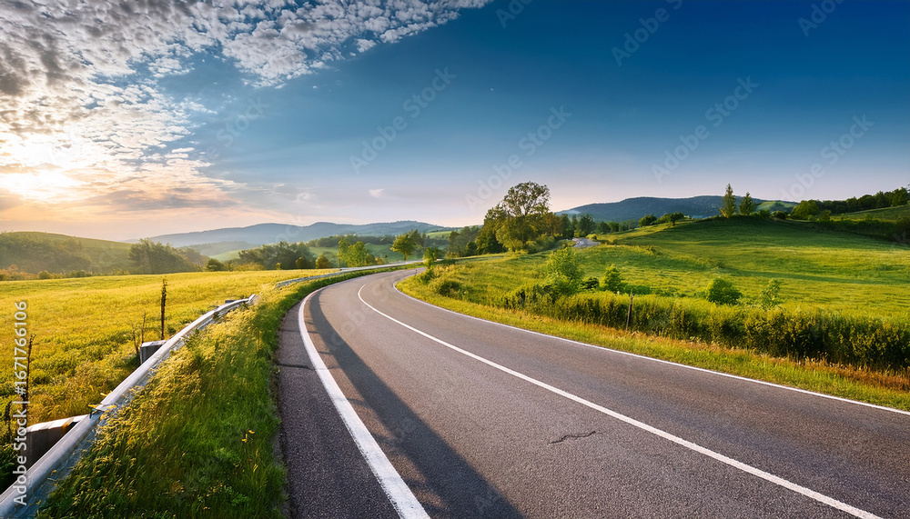 Fototapeta premium a freshly paved smooth asphalt road winding through a picturesque countryside perfect for a road trip
