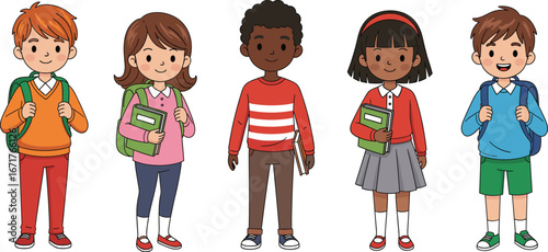 Happy school children, diverse students, smiling kids, education concept, back to school, learning, friendship, classroom, books, backpacks, multicultural, cheerful, standing, group, pupils