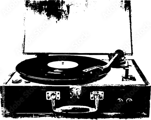 Vintage record player in grungy black and white design for retro music decor