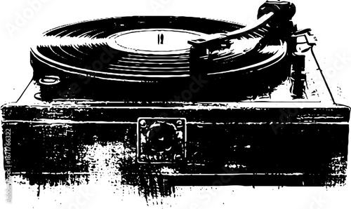 Vintage grunge black and white record player silhouette design for retro music lovers