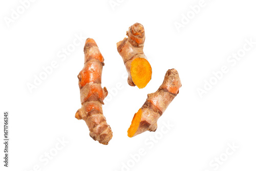 Dry Turmeric powder and turmeric root isolated on white background ,Top view.
