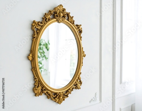 An ornate gold-framed oval mirror hangs against a pristine white wall, showcasing decorative moldings.