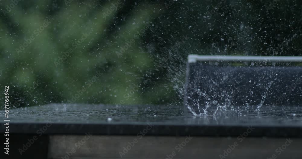 Rain drop bursts on metal table between empty chairs, captured in super slow motion with high speed camera, forest background and patio setting